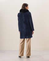 Woman Wearing Alpaca Boucle Car Coat with Finland Fur Collar in Navy