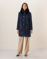 Woman wearing Alpaca Boucle Car Coat with Finland Fur Collar in Navy