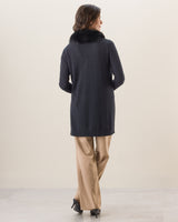 Woman wearing Cashmere drape cardigan with Luxe Finnish Fox Fur Trim in Black