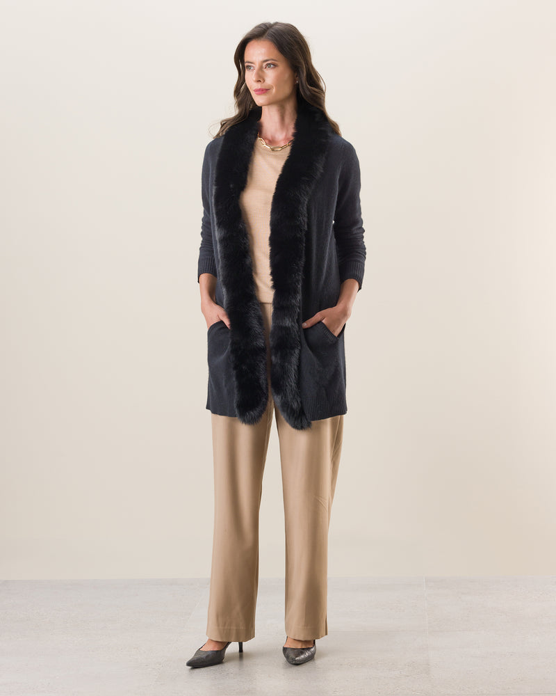 Mongolian Cashmere Long Cardigan with Finland Fur Collar | Sofia