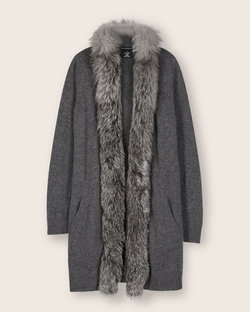 Mongolian Cashmere Long Cardigan with Finland Fur Collar | Sofia