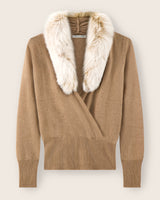 Katerina cashmere fur trimmed sweater front view in camel