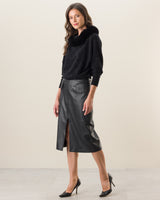 Woman wearing Boatneck Sweater with Finnish Fur collar in black