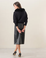 Woman wearing Boatneck Sweater with Finnish Fur collar in black