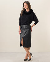 Woman wearing Boatneck Sweater with Finnish Fur collar in black