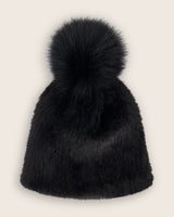 Mink Hat with Fox Fur Pom in black