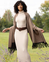 Model wearing Cashmere Wrap with Leather Fringe in Heather Taupe
