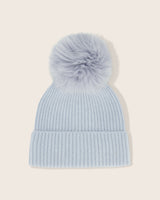 Montello Ribbed Cashmere Pompom Beanie in light blue