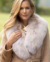 Woman wearing Alpaca Blend Wrap Short coat with Oversized Finland Fur Shawl Collar in Blonde