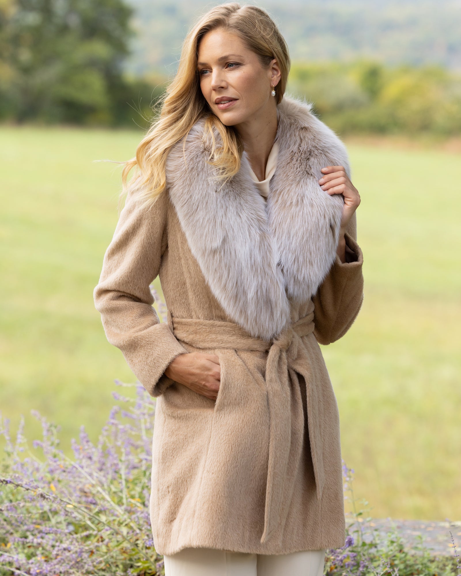 Alpaca & Lambswool Wrap Coat with Fur Collar | Sofia Cashmere