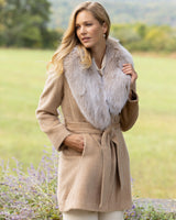 Woman wearing Alpaca Blend Wrap Short coat with Oversized Finland Fur Shawl Collar in Blonde