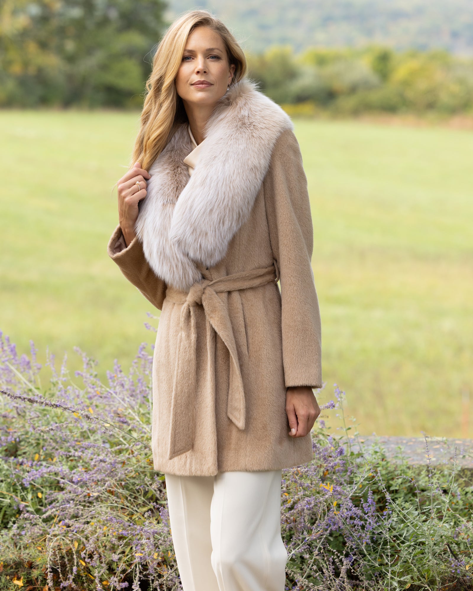 Alpaca & Lambswool Wrap Coat with Fur Collar | Sofia Cashmere