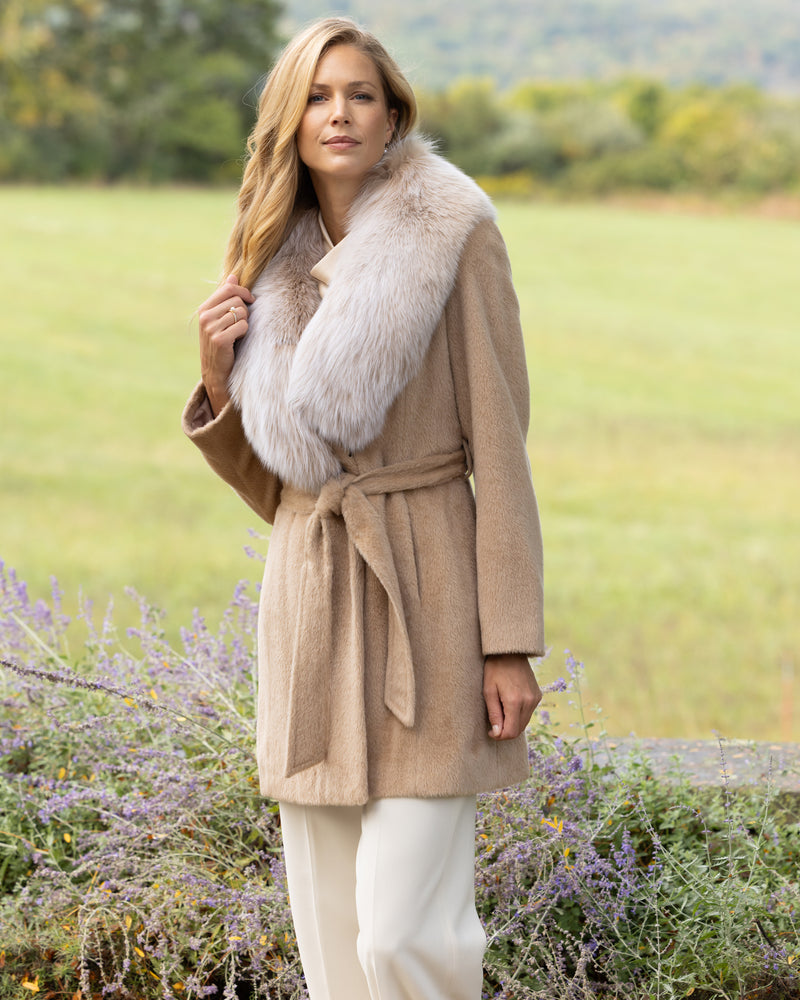 Alpaca & Lambswool Wrap Coat with Fur Collar | Sofia Cashmere