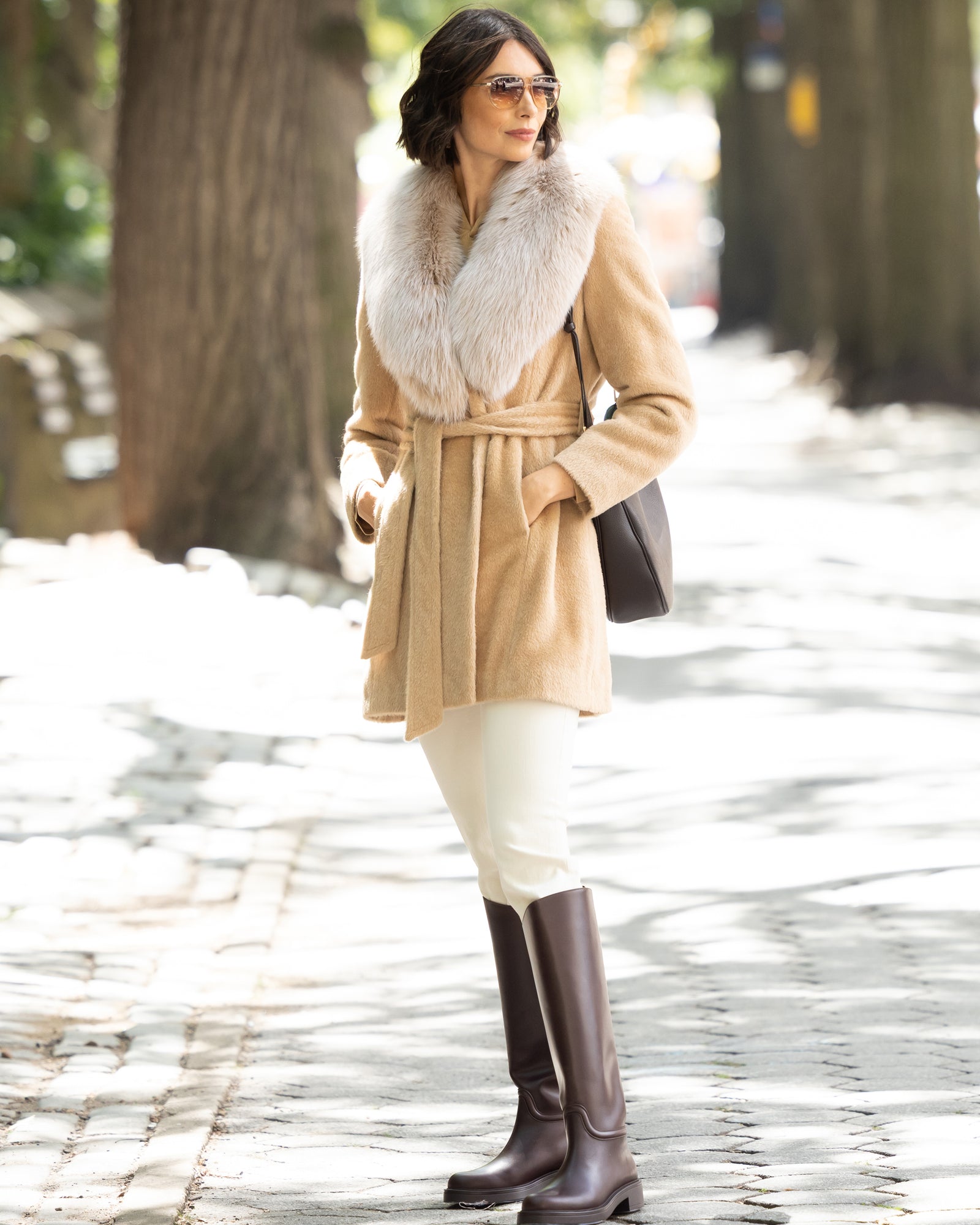 Alpaca & Lambswool Wrap Coat with Fur Collar | Sofia Cashmere