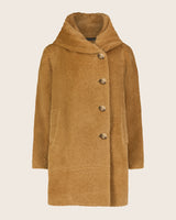 Front view of flat image of Alpaca Boucle Button Front Cocoon Coat with Foldover Envelope Pillow Collar in camel