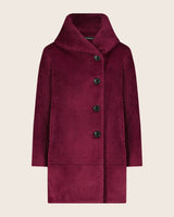 Front flat view of Alpaca Boucle Button Front Cocoon Coat with Foldover Envelope Pillow Collar in red
