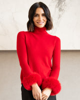 Cashmere Turtleneck with Finnish fur Cuffs in Red