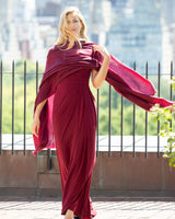 Woman walking on rooftop wearing Lightweight Cashmere Wrap in Bordeaux
