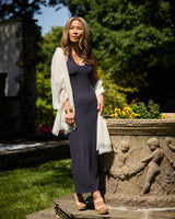 Woman wearing Ecru lightweight wrap outdoors