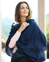 model wearing St Tropez wrap in dark navy