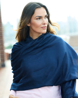 model wearing St Tropez wrap in dark navy, close up