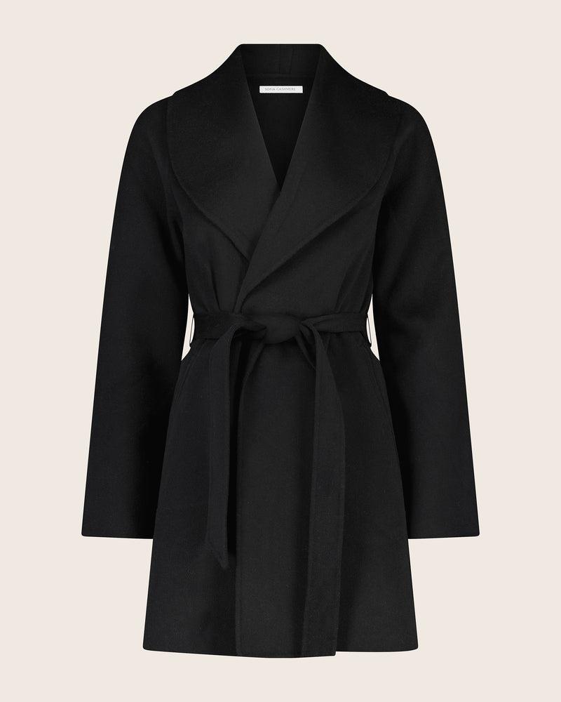 Victoria cashmere belted coat in black  front view