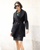 Woman wearing Victoria cashmere belted coat in black 