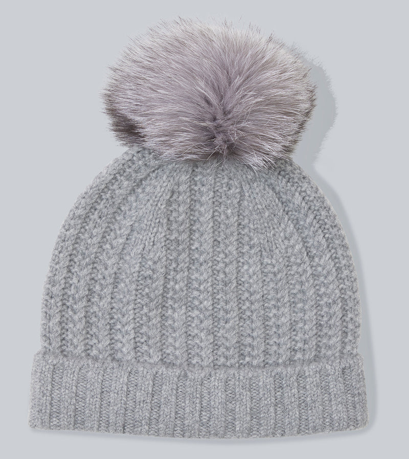 Chunky Ribbed Cashmere Hat with Fur Pom – SofiaCashmere display picture 1